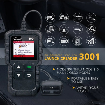 LAUNCH X431 Creader CR3001 : Outil diagnostic OBD2, moteur, codes défauts, mise à jour gratuite.