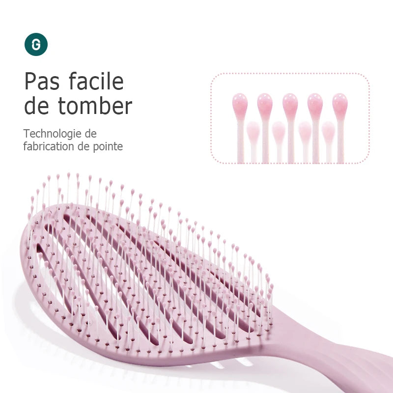 Brosse aérée, massage, coiffage, démêlant, séchage, cheveux mouillés/secs, bouclés.