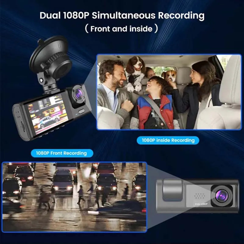 Dashcam 1080P avec vision nocturne IR, enregistrement en boucle, écran IPS 2", 3 caméras