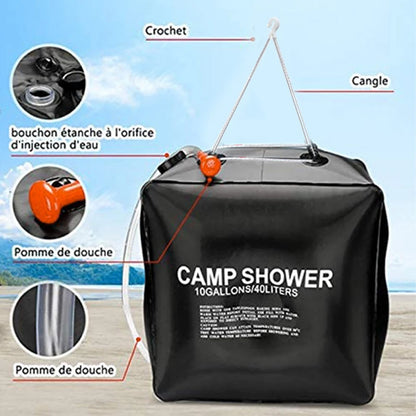 Sac de douche solaire 40L, pommeau de douche, chauffage rapide, camping, la pêche, la randonnée