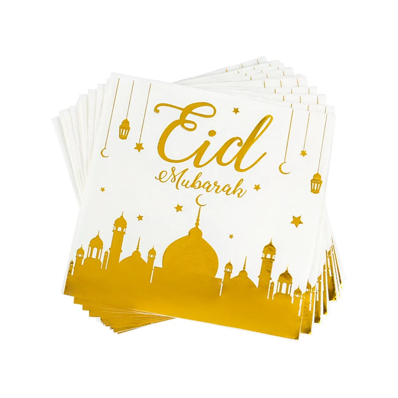 Articles Eid Mubarak : Vaisselle dorée, gobelets, bannière, sacs cadeaux