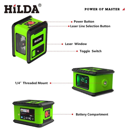 Niveau laser Hilda 2 mini lignes, auto-nivelant, faisceaux verts, croix horizontal et vertical