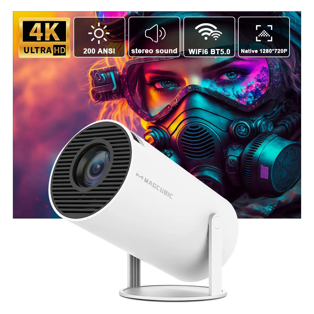 Projecteur 4K Android 11 avec Wifi6 Dual, 200 ANSI Lumens - Cinéma Maison et Extérieur - Portable et Polyvalent