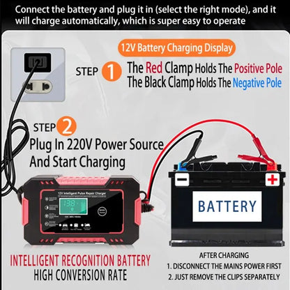 Chargeur batterie 12V 6A réparation pulse, LCD, AGM, GEL, auto moto vélo rapide