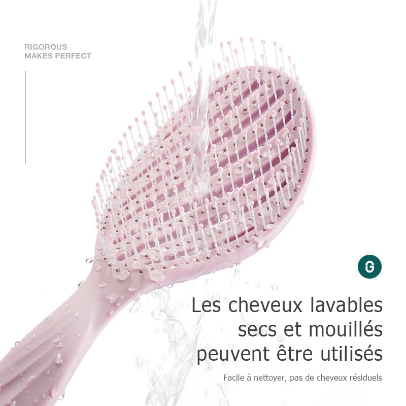 Brosse aérée, massage, coiffage, démêlant, séchage, cheveux mouillés/secs, bouclés.