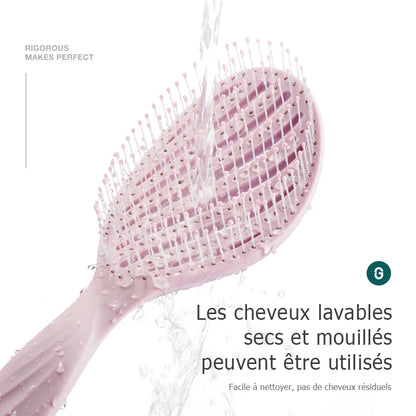 Brosse aérée, massage, coiffage, démêlant, séchage, cheveux mouillés/secs, bouclés.