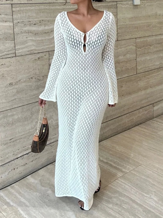 Robe longue blanche en tricot Tossy : décolleté en V transparent, dos nu,plage