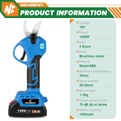 Cisaille Électrique Sans Fil à Double Vitesse pour Taille des Arbres, Rechargeable 18V