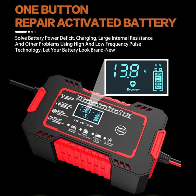 Chargeur batterie 12V 6A réparation pulse, LCD, AGM, GEL, auto moto vélo rapide