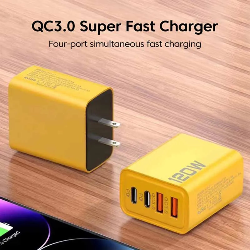 Chargeur USB C 4 Ports 120W Quick Charge 3.0 pour iPhone Samsung Xiaomi