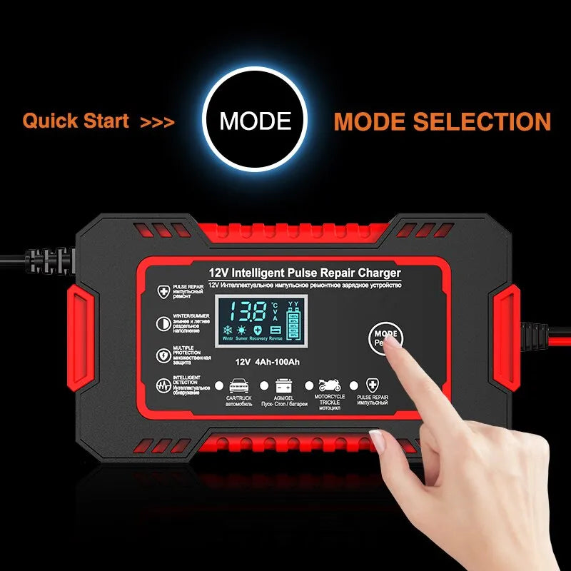 Chargeur batterie 12V 6A réparation pulse, LCD, AGM, GEL, auto moto vélo rapide