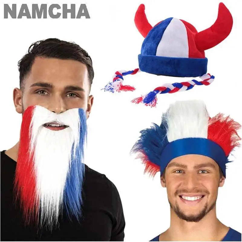 Perruques, chapeaux et barbes aux couleurs du drapeau français, euro 2024