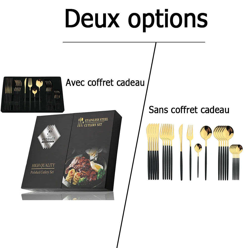 Ensemble de couverts noir et doré - 24 pièces - Acier inoxydable - Idéal pour la cuisine, les repas et les cadeaux de fête