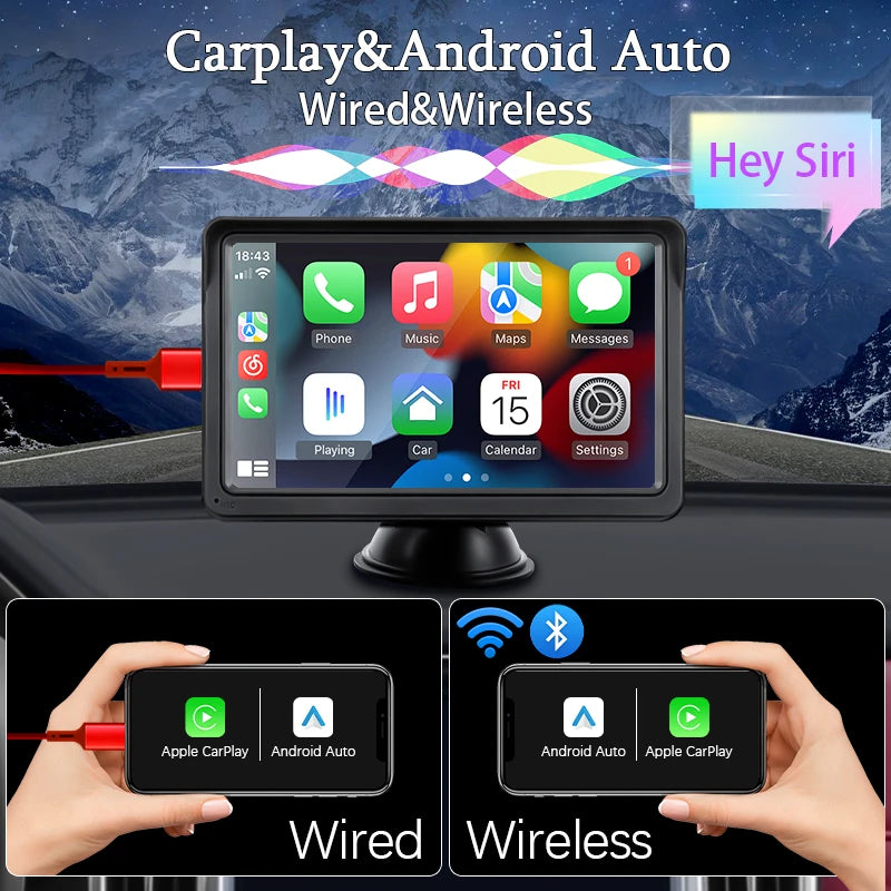 Lecteur vidéo multimédia portable 7" CarPlay Android Auto avec USB caméra arrière