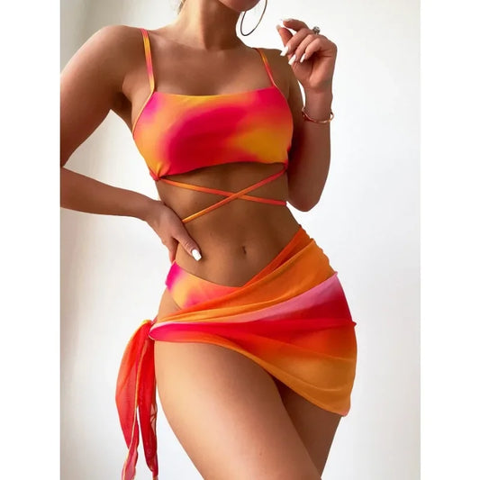 Maillot de bain 3 pièces femme, bikini dégradé, tie-dye, sexy, plage, croisé