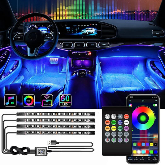 Kit néon LED intérieur pour voiture : éclairage RGB, télécommande, app, contrôle musical