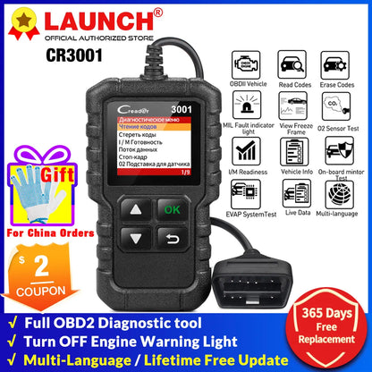 LAUNCH X431 Creader CR3001 : Outil diagnostic OBD2, moteur, codes défauts, mise à jour gratuite.