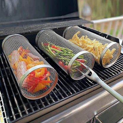 BBQ-Grillkorb aus Edelstahl – rollender Grillkorb – Grillkorb aus Metalldraht – tragbar für Outdoor-Camping