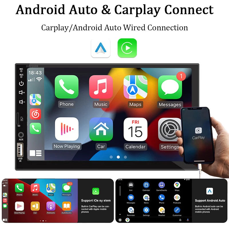 Autoradio 7", Carplay, Android Auto, écran tactile HD, FM, Bluetooth, MirrorLink.