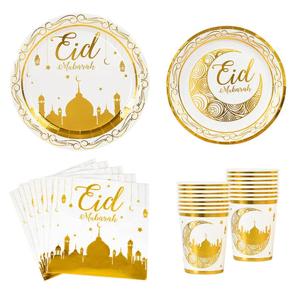 Articles Eid Mubarak : Vaisselle dorée, gobelets, bannière, sacs cadeaux