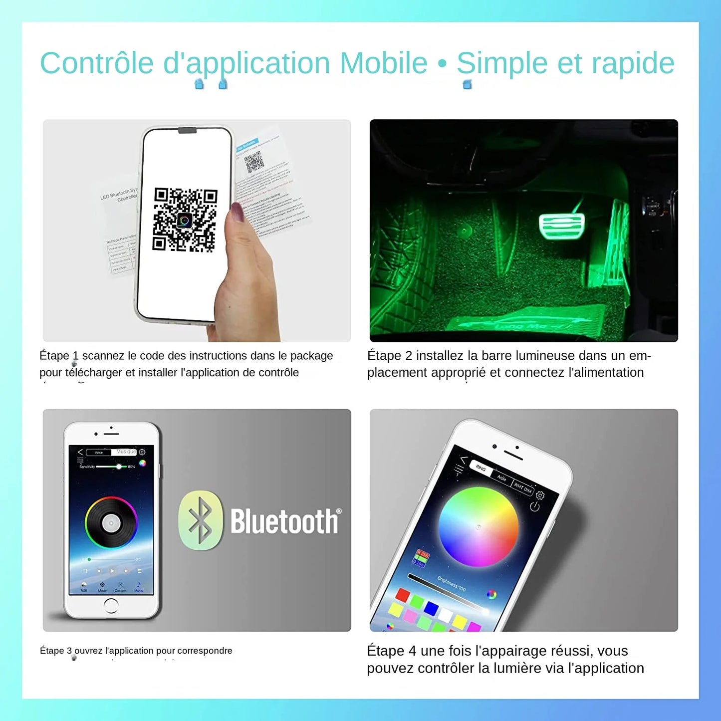 Kit néon LED intérieur pour voiture : éclairage RGB, télécommande, app, contrôle musical