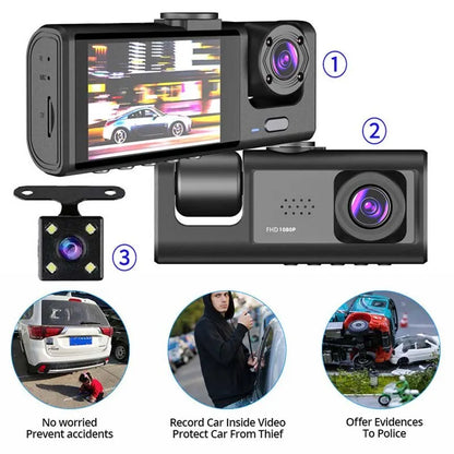 Dashcam 1080P avec vision nocturne IR, enregistrement en boucle, écran IPS 2", 3 caméras