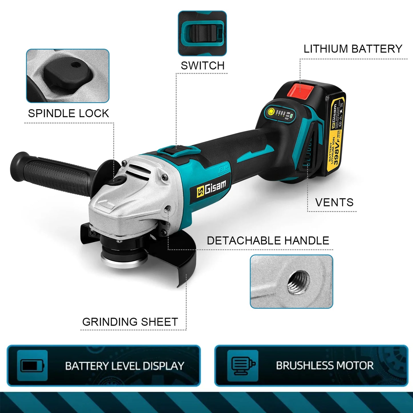 Meuleuse d'angle sans balai 125mm M14 batterie 18V, outil électrique